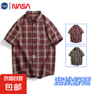 NASALIKE格子襯衫男士潮牌復(fù)古帥氣寬松短袖襯衣美式休閑半袖 紅色 -NASA-S109短襯 XL