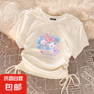 新中式女童純色短款上衣夏季兒童洋氣薄半袖中大童抽繩設(shè)計(jì)款短袖 白色 花瓣飄落 160