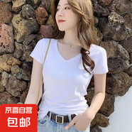 夏季新款白色短袖t恤女正肩純色百搭修身顯瘦圓領(lǐng)打底衫T恤女裝 炫V領(lǐng)短T白 L