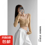 辣妹性感露臍短款長袖T恤女2024春秋新款純色緊身顯瘦開衫短上衣 卡其 XL