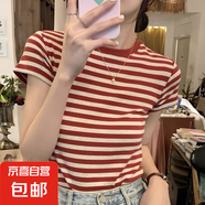 爆款撞色彩虹條紋正肩短袖女T恤夏季新款圓領(lǐng)小個(gè)子百搭ins風(fēng)上衣 3011紅條紋款 S  建議80-90斤