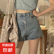 設(shè)計(jì)感蕾絲邊牛仔短褲女寬松夏季大碼韓版高腰顯瘦直筒a字熱褲子 藍(lán)色蕾絲牛仔短褲單件 S