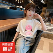 女童短袖t恤套裝純棉夏裝中大童兒童小女孩衣服2025夏季網(wǎng)紅寬松 白色 2435 150