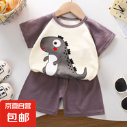 【男寶夏季套裝】男童短袖卡通印花兒童兩件套衣服套裝純棉短袖 Z-01 灰色恐龍短袖套裝 100 建議90cm身高左右