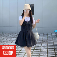 減齡氣質(zhì)設(shè)計(jì)感蝴蝶結(jié)牛仔背帶短裙女夏季薄款大碼收腹顯瘦連衣裙 黑色蝴蝶結(jié)背帶短裙單款 3XL碼（建議140-160斤）