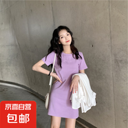新款夏韓版中長款連衣裙女學(xué)生純色女裝裙子衣服 紫色 M