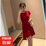 【赫本風(fēng)】夏天流行小黑裙小心機(jī)修身顯瘦不規(guī)則可鹽可甜連衣裙女 紅色 M