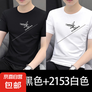 冰絲網(wǎng)眼短袖T恤男士夏季薄款圓領(lǐng)半袖上衣服寬松休閑體恤打底衫 黑色+白色 兩件裝 薄款 XL 建議：130-140斤