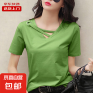 韓版白色大碼寬松v領(lǐng)短袖t恤女夏季新款時尚洋氣上衣打底KJY#313# 313#牛油果綠色 5XL 【170-180斤】