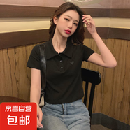 棉上衣新款設(shè)計感小眾t恤女短款上衣夏季刺繡短款短袖Polo領(lǐng) 黑色 M