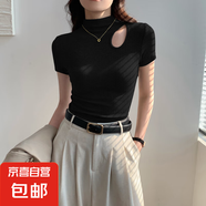 【都市麗人制造商】灰色半高領(lǐng)短袖t恤女修身內(nèi)搭鏤空半袖上衣 黑色【鏤空款】 L  【102-114斤】