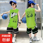 男童籃球服套裝男童速干套裝男童夏季訓(xùn)練服男童球服男童夏裝套裝 綠色 薄款 TZ23132 140