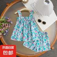 春夏新款清新碎花女童吊帶上衣＋碎花短褲套裝 孔雀藍(lán) 130