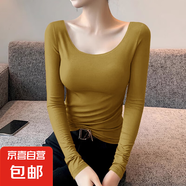 莫代爾低領(lǐng)打底衫女內(nèi)搭秋冬大圓領(lǐng)長(zhǎng)袖t恤露背德絨加厚上衣8006 黃綠色【薄款】 莫代爾螺紋 2XL 參考125-140
