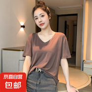 【都市麗人制造商】冰感寬松短袖t女打底圓領(lǐng)冰絲面膜薄款上衣 咖啡色【V領(lǐng)】 2XL  【142-150斤】