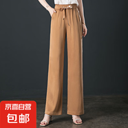 【哥弟制造商】銅氨絲闊腿褲女夏薄款松緊高腰垂感直筒休閑拖地褲 茶咖色 2XL