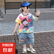 哪吒衣服男童夏裝套裝2025新款兒童裝潮酷時髦夏季短袖扎染兩件套 哪吒短袖套裝 120 適合身高120cm