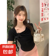 白色正肩蝴蝶結(jié)短袖女夏季設(shè)計感不規(guī)則修身緊身短款法式上衣 黑色 【KK-R299】 M
