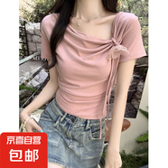 白色正肩蝴蝶結(jié)短袖女夏季設(shè)計感不規(guī)則修身緊身短款法式上衣 粉色 【KK-R299】 S