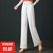 【哥弟制造商】銅氨絲闊腿褲女夏薄款松緊高腰垂感直筒休閑拖地褲 冰白色 M
