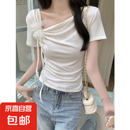 白色正肩蝴蝶結(jié)短袖女夏季設(shè)計感不規(guī)則修身緊身短款法式上衣 白色 【KK-R299】 S
