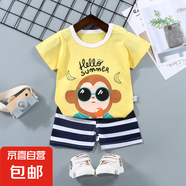 【兒童短袖套裝】純棉男童T恤寶寶夏季童裝中小女短褲嬰兒衣服 F27-眼鏡猴 90 cm