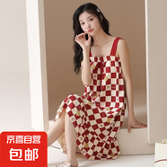 夏季新款吊帶睡衣女女士家居館休閑可外穿棉質(zhì)居家中長(cháng)款家居服女 紅白格子【帶胸墊睡裙】 2XL