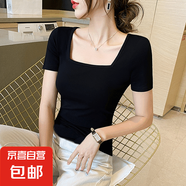 【都市麗人制造商】法式方領黑色短袖T恤女 夏季設計感修身棉質(zhì) 黑色【方領】短袖 2XL  【125-140斤】