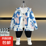 青少年男童春季韓版時(shí)尚卡通字母印花連帽外套女童秋裝薄款夾克潮 小樹(shù)苗外套藍色 140