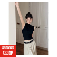 【都市麗人制造商】小高領(lǐng)露臍背心女修身顯瘦無(wú)袖坎肩T恤內搭 黑色 L  【96-106斤】