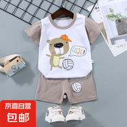 【兒童短袖套裝】純棉男童T恤寶寶夏季童裝中小女短褲嬰兒衣服 F10-足球小熊 90 cm