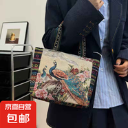 包包女民族風(fēng)繡花手拎包文藝復(fù)古單肩包大容量刺繡手提包托特包 孔雀/