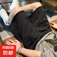 美式毛邊破洞牛仔短褲男款夏季薄款乞丐風(fēng)籃球五分褲寬松直筒中褲 黑色 S