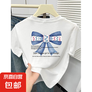 【100%純棉】正肩短袖t恤女裝2025新款ins時尚洋氣百搭減齡上衣XY 白色-藍色蝴蝶結字母 L （建議105-115斤）