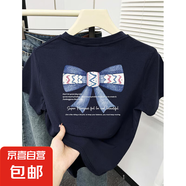 【100%純棉】正肩短袖t恤女裝2025新款ins時尚洋氣百搭減齡上衣XY 藏藍色-藍色蝴蝶結字母 L （建議105-115斤）