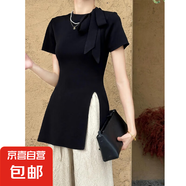 茶歇蝴蝶結(jié)綁帶針織衫女夏荷葉邊收腰開叉短袖t恤氣質(zhì)名媛風(fēng)上衣 黑色 M