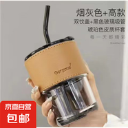 新款玻璃杯子咖啡杯ins高顏值水杯帶吸管大容量帶蓋牛奶杯 煙灰色全套(含吸管+杯蓋+皮套) 450ML