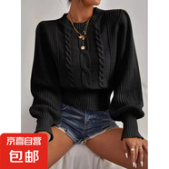 歐美跨境秋冬女裝純色針織衫上衣新款圓領(lǐng)百搭燈籠袖麻花寬松毛衣 黑色 L