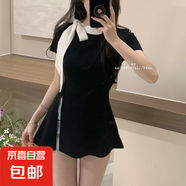 茶歇蝴蝶結(jié)綁帶針織衫女夏荷葉邊收腰開叉短袖t恤氣質(zhì)名媛風(fēng)上衣 黑白色 M