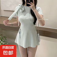 茶歇蝴蝶結(jié)綁帶針織衫女夏荷葉邊收腰開叉短袖t恤氣質(zhì)名媛風(fēng)上衣 綠色 L