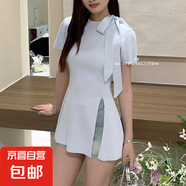 茶歇蝴蝶結(jié)綁帶針織衫女夏荷葉邊收腰開叉短袖t恤氣質(zhì)名媛風(fēng)上衣 藍(lán)色 L