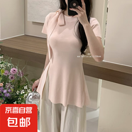 茶歇蝴蝶結(jié)綁帶針織衫女夏荷葉邊收腰開叉短袖t恤氣質(zhì)名媛風(fēng)上衣 粉紅色 S