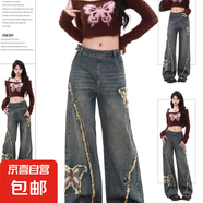 復(fù)古蝴蝶刺繡顯瘦時(shí)尚牛仔褲女美寬松顯瘦梨形身材大碼闊腿褲KXW 【蝴蝶刺繡顯瘦】牛仔長褲 XL 【115-125斤】