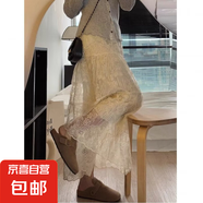 ins超火長裙蕾絲內搭打底裙短中長款秋冬無內襯網紗半身裙 杏色 S