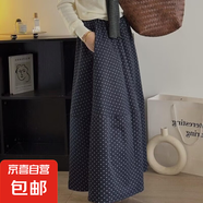 2024秋冬新款時尚波點寬松松緊長裙14支純亞麻文藝印花a字半身裙 藏青色 5XL