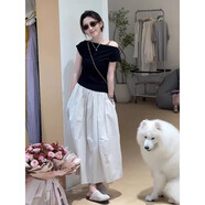 雪妃藍琪裙子夏季女裝2025新款法式復古一字肩假兩件連衣裙漂亮拼接長裙 連衣裙 L