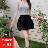 夏季小個(gè)子高腰顯瘦休閑褲設(shè)計(jì)感蓬蓬花苞裙褲女闊腿褲a字短褲子 黑色 M