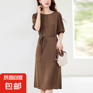 輕奢原創(chuàng)真絲女裝彈力緞桑蠶絲連衣裙女簡約素色大碼連衣裙 深咖色 L