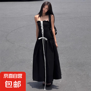 小眾設(shè)計感A字連衣裙法式抹胸裙女裝夏季綁帶收腰長裙顯瘦小黑裙 黑色 L