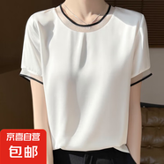 夏新款韓版女圓領(lǐng)上衣寬松網(wǎng)紗拼接絲滑緞面時(shí)尚性感百搭短袖t恤Q 白色 XL 體重115-130